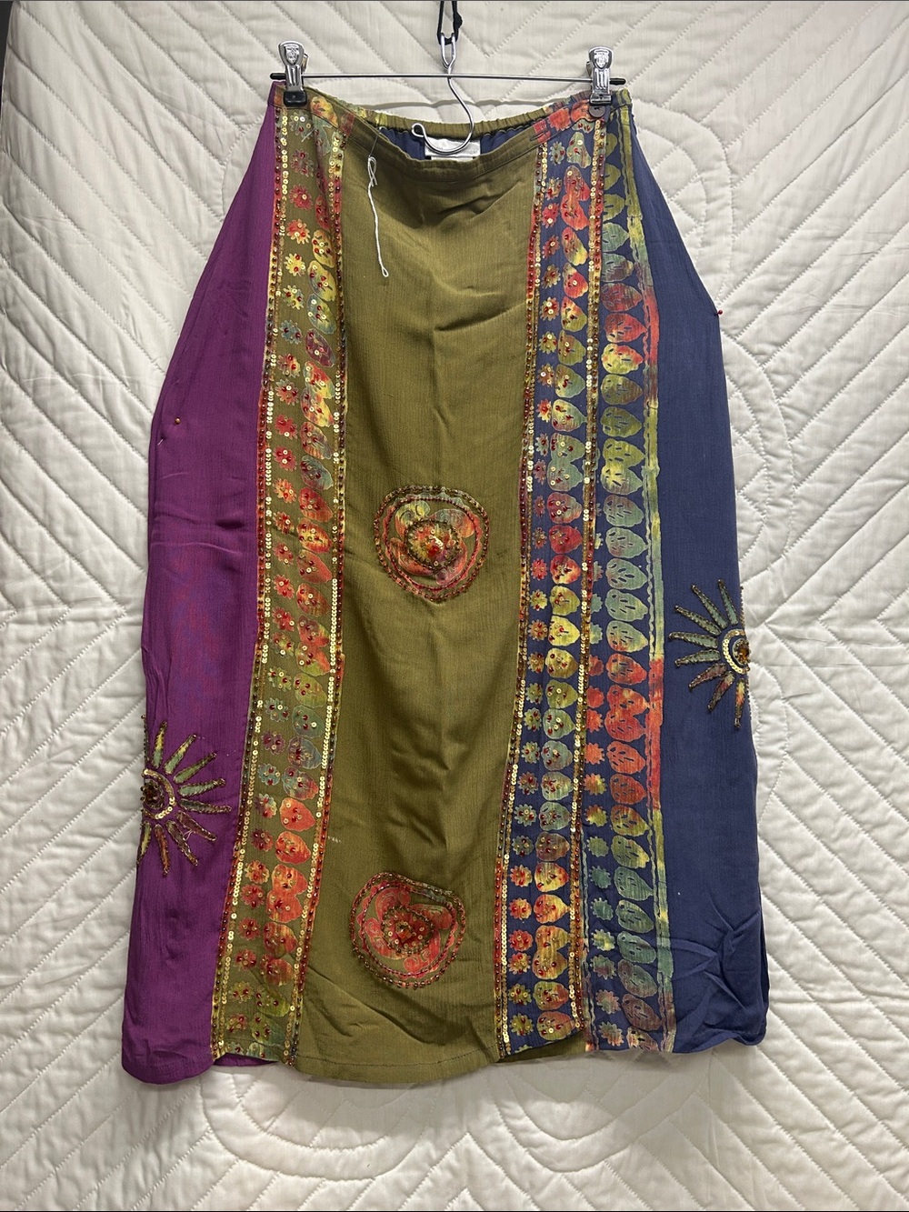 Soft Surroundings Olive, Purple & Navy Patchwork Maxi Skirt